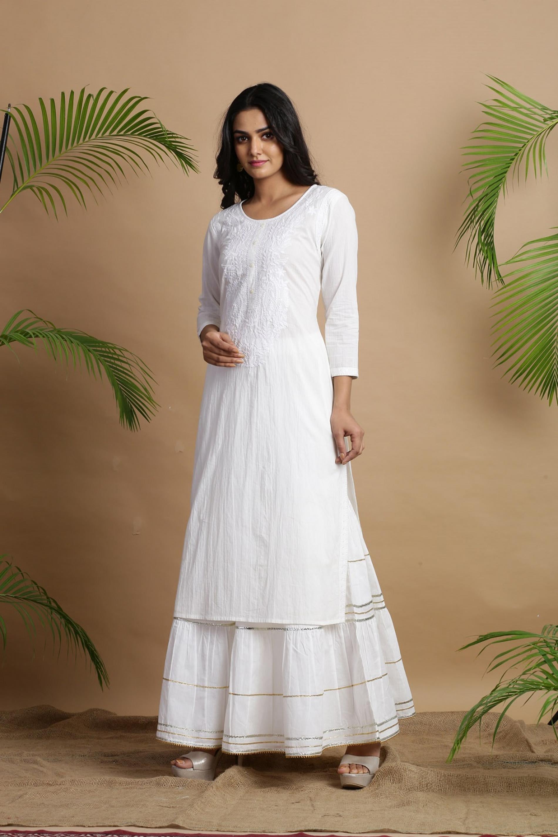 Juniper White Cotton Embroidered A-Line Straight Kurta - Distacart