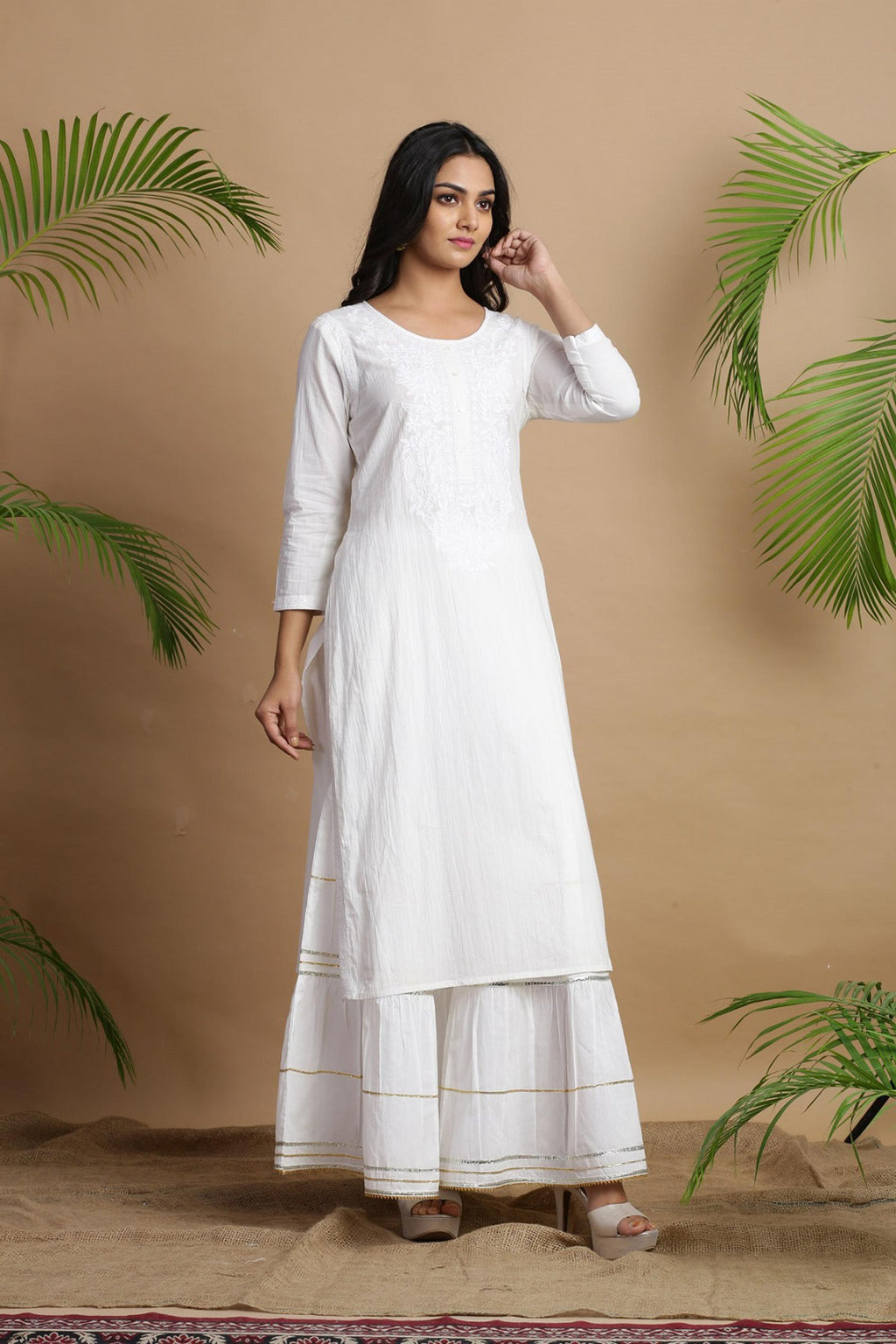Juniper White Cotton Embroidered A-Line Straight Kurta - Distacart
