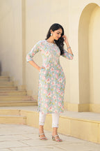 Juniper Green Floral Printed Cotton Kurta With Thread Work & Buttons - Distacart