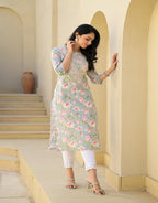 Juniper Women's Green Floral Printed Cotton Kurta With Thread Work & Buttons - Distacart