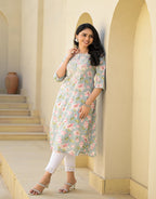 Juniper Women's Green Floral Printed Cotton Kurta With Thread Work & Buttons - Distacart