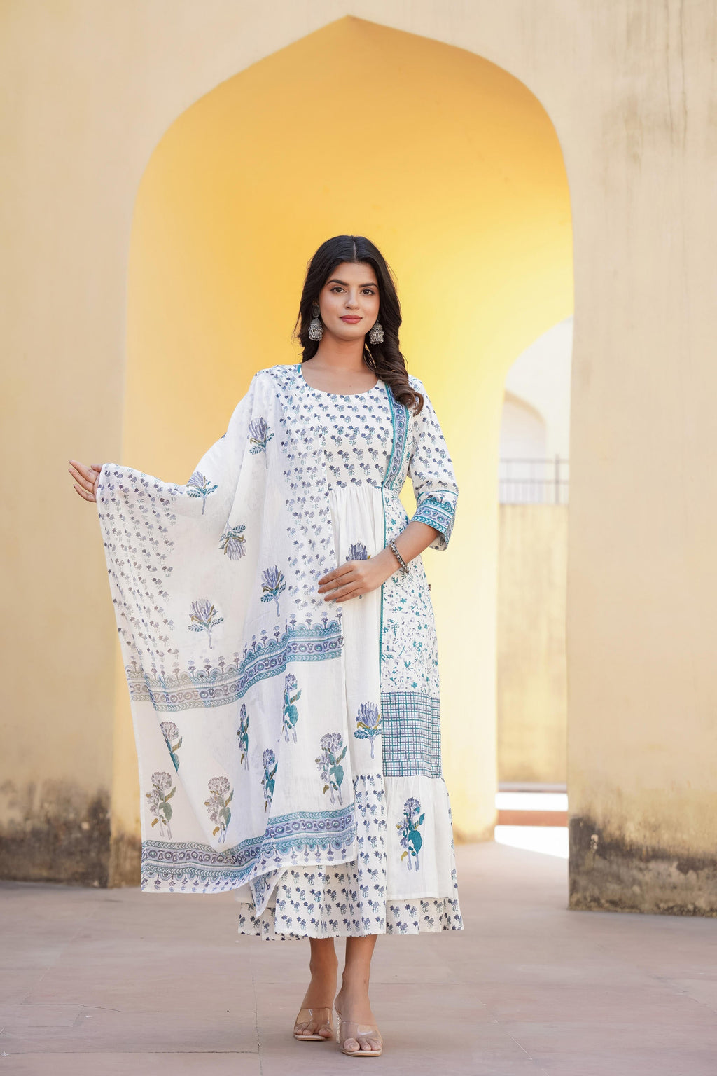 Juniper White Floral Printed Cotton Kurta & Dupatta With Lace - Distacart
