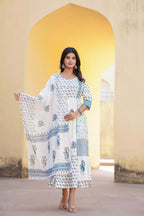 Juniper White Floral Printed Cotton Kurta Pant And Dupatta Set With Sequins & Beads - Distacart