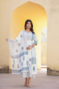 Juniper White Floral Printed Cotton Dress & Dupatta With Lace - Distacart