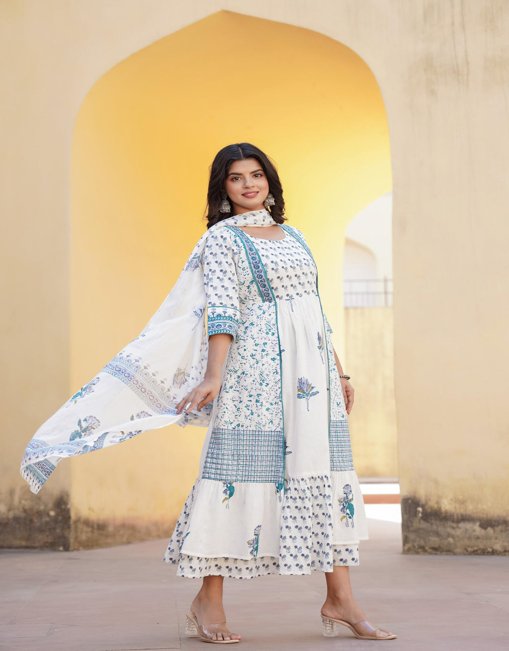 Juniper White Floral Printed Cotton Dress & Dupatta With Lace - Distacart