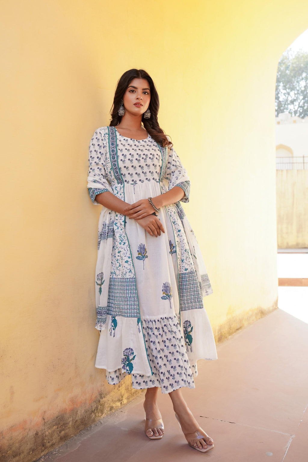 Juniper White Floral Printed Cotton Kurta & Dupatta With Lace - Distacart