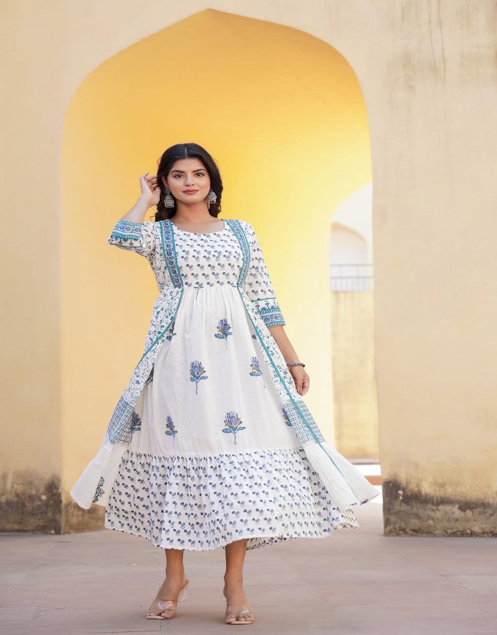 Juniper White Floral Printed Cotton Kurta & Dupatta With Lace - Distacart
