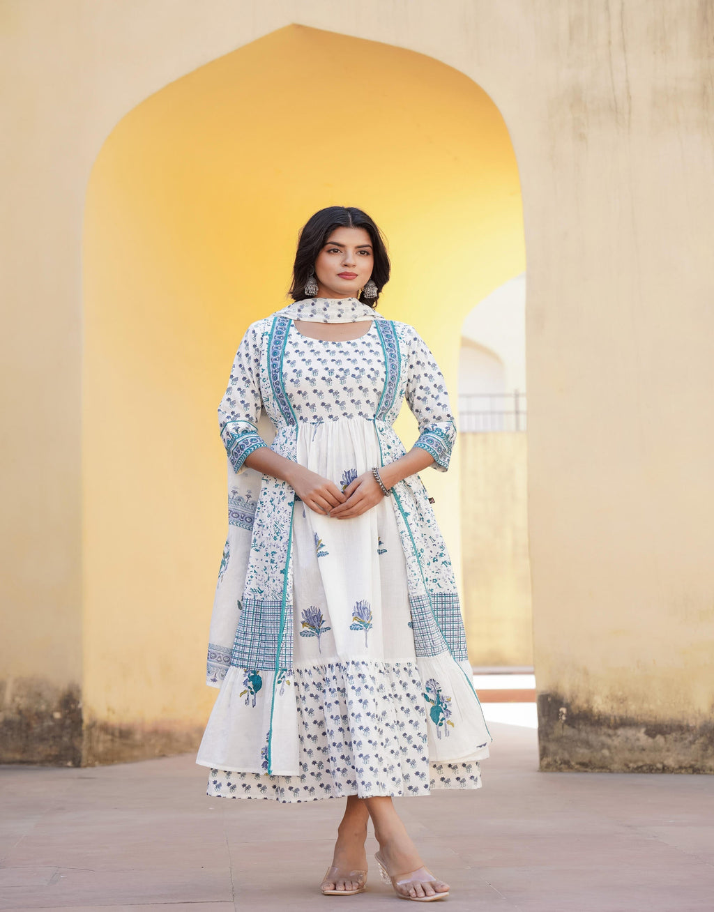 Juniper White Floral Printed Cotton Kurta & Dupatta With Lace - Distacart