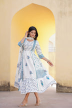 Juniper White Floral Printed Cotton Kurta & Dupatta With Lace - Distacart