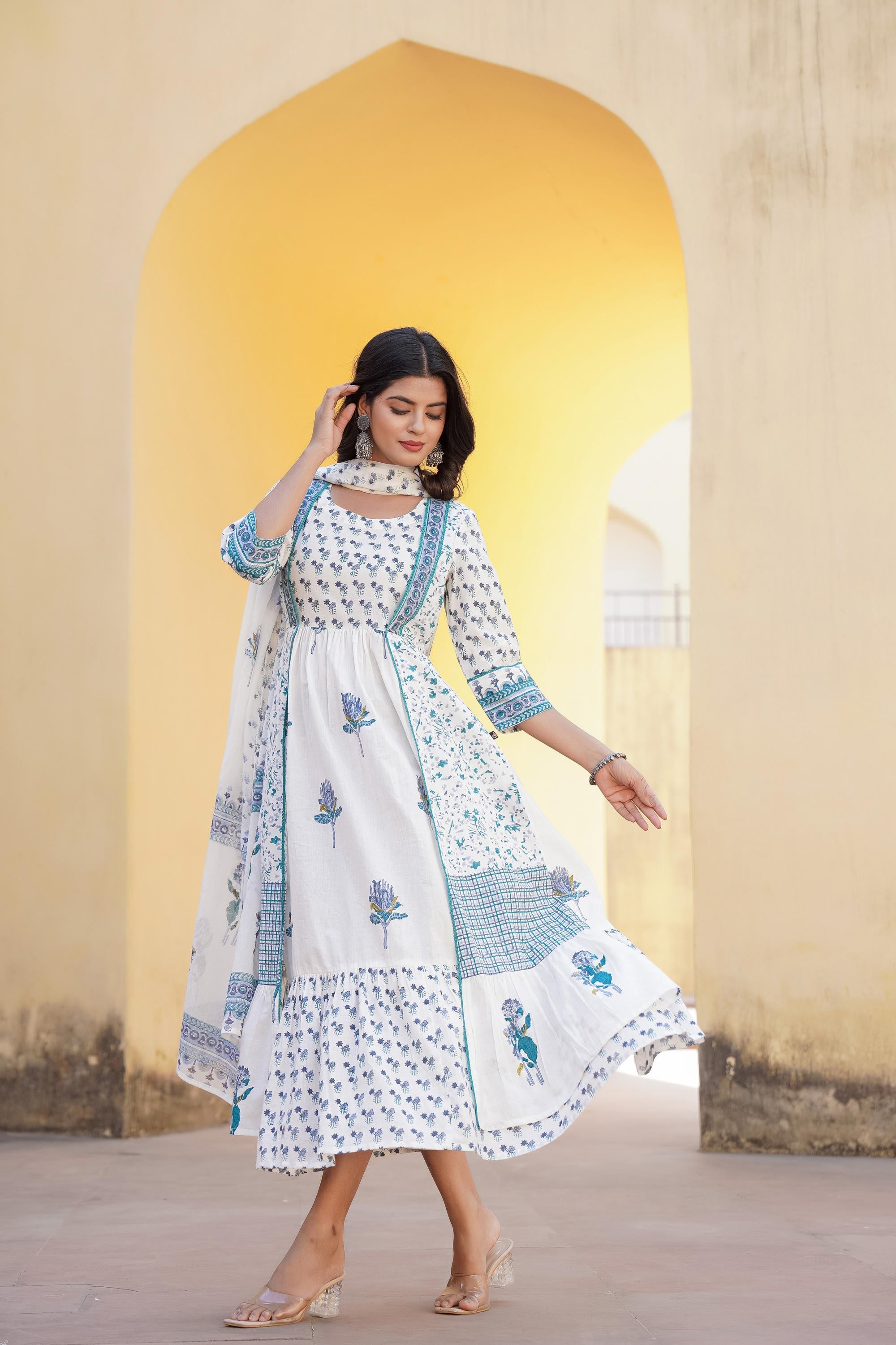 Juniper White Floral Printed Cotton Kurta & Dupatta With Lace - Distacart