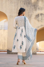 Juniper White Floral Printed Cotton Kurta Pant And Dupatta Set With Sequins & Beads - Distacart