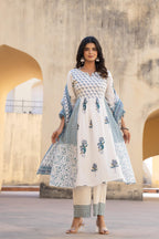 Juniper White Floral Printed Cotton Kurta Pant And Dupatta Set With Sequins & Beads - Distacart