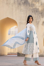 Juniper White Floral Printed Cotton Kurta Pant And Dupatta Set With Sequins & Beads - Distacart