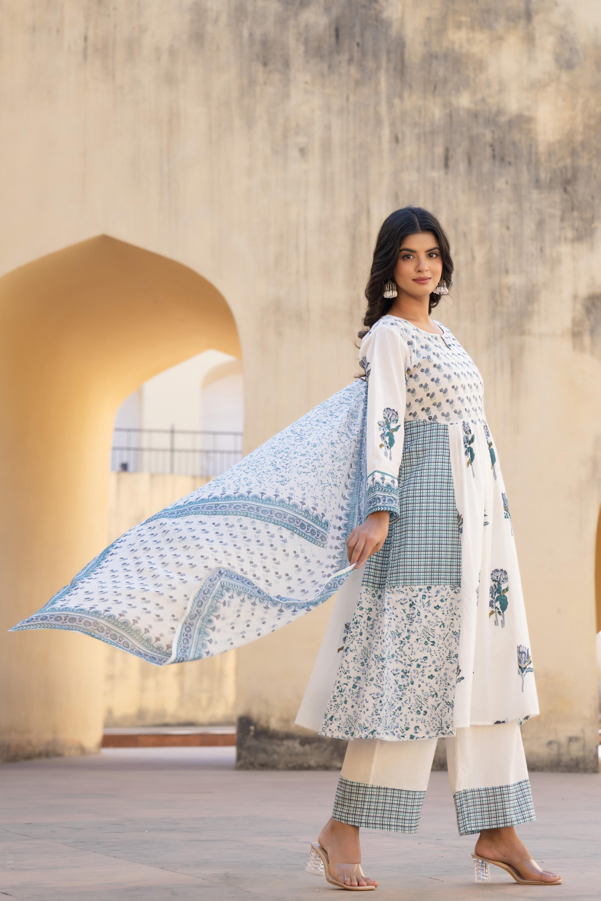 Juniper White Floral Printed Cotton Kurta Pant And Dupatta Set With Sequins & Beads - Distacart