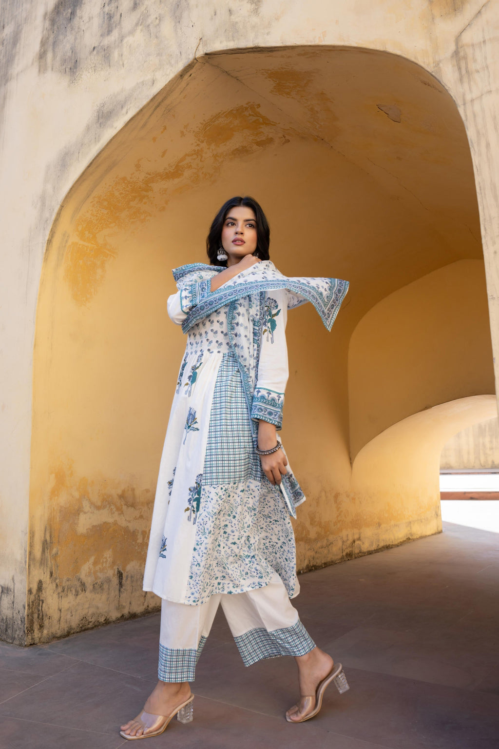 Juniper White Floral Printed Cotton Kurta Pant And Dupatta Set With Sequins & Beads - Distacart