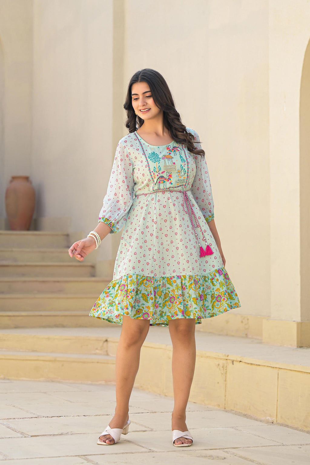 Juniper Mint Green Ethnic Motif Printed Short Dress With Dori - Distacart