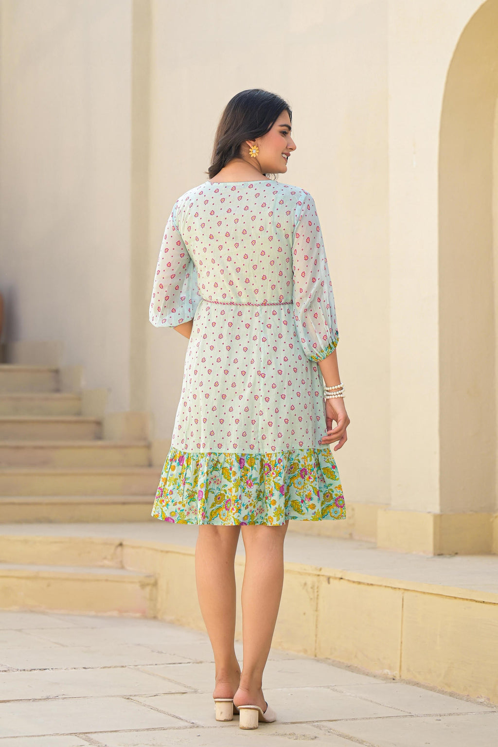 Juniper Mint Green Ethnic Motif Printed Short Dress With Dori - Distacart