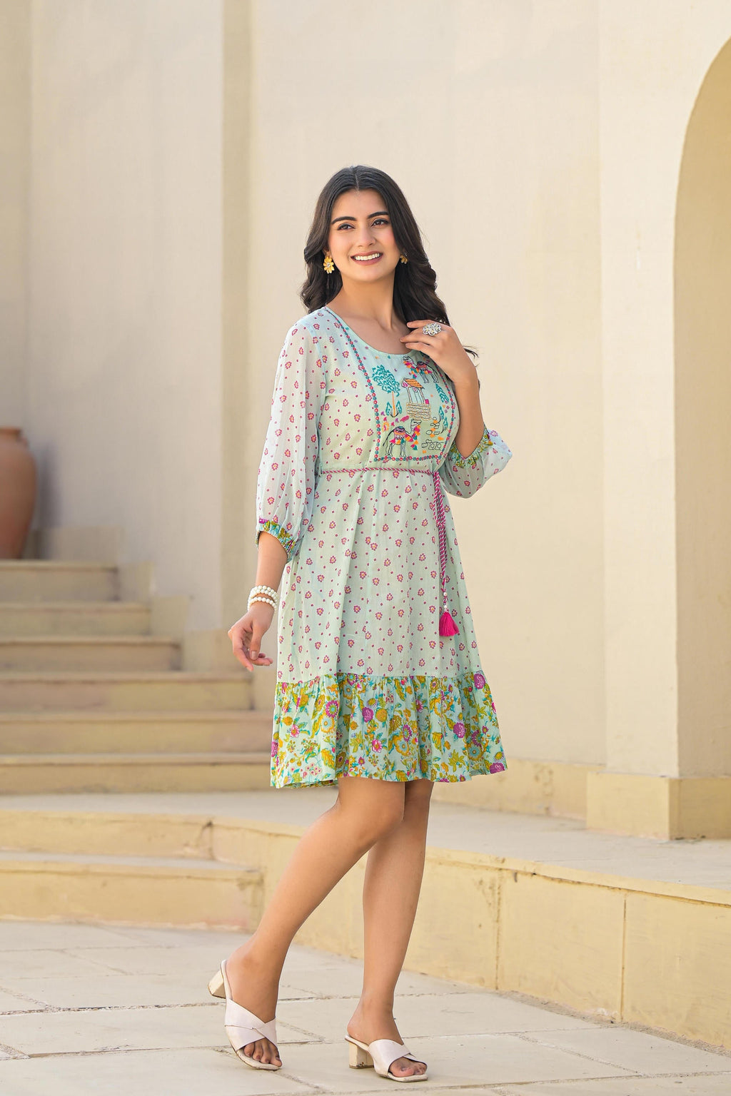 Juniper Mint Green Ethnic Motif Printed Short Dress With Dori - Distacart