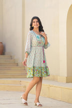 Juniper Mint Green Ethnic Motif Printed Short Dress With Dori - Distacart