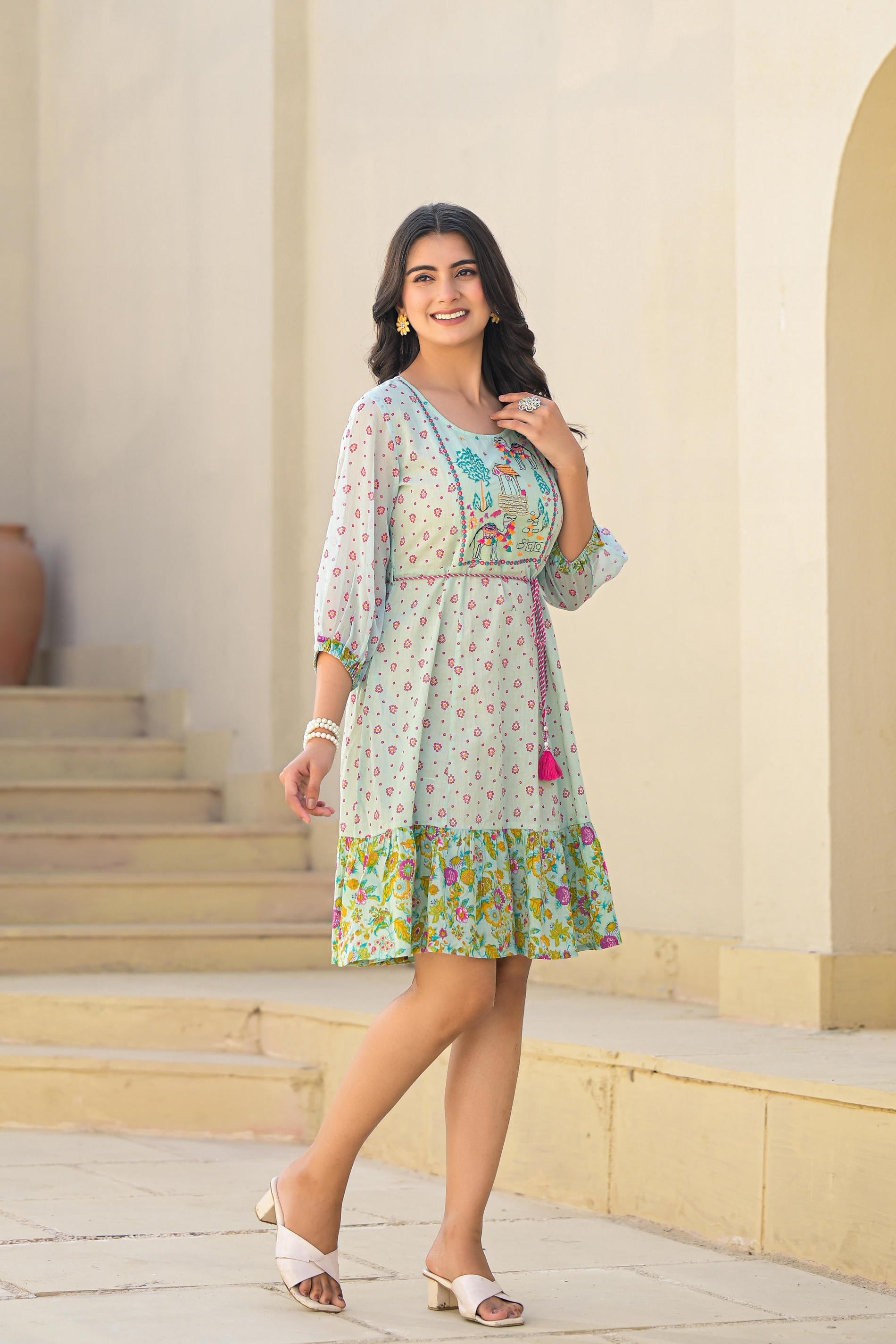 Juniper Mint Green Ethnic Motif Printed Short Dress With Dori - Distacart