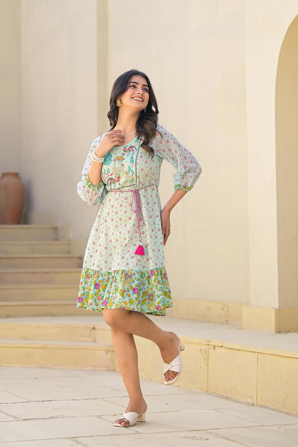 Juniper Mint Green Ethnic Motif Printed Short Dress With Dori - Distacart