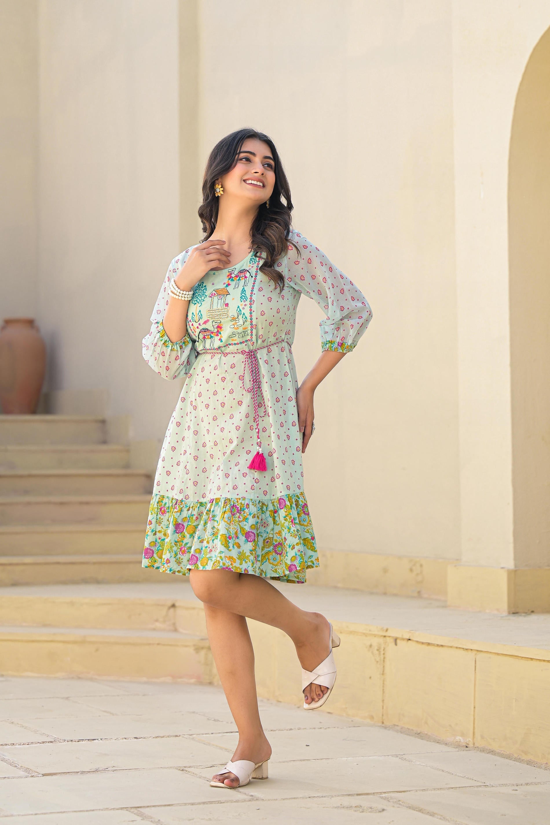 Juniper Mint Green Ethnic Motif Printed Short Dress With Dori - Distacart
