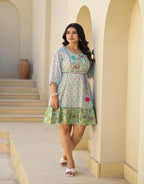 Juniper Mint Green Ethnic Motif Printed Short Dress With Dori - Distacart