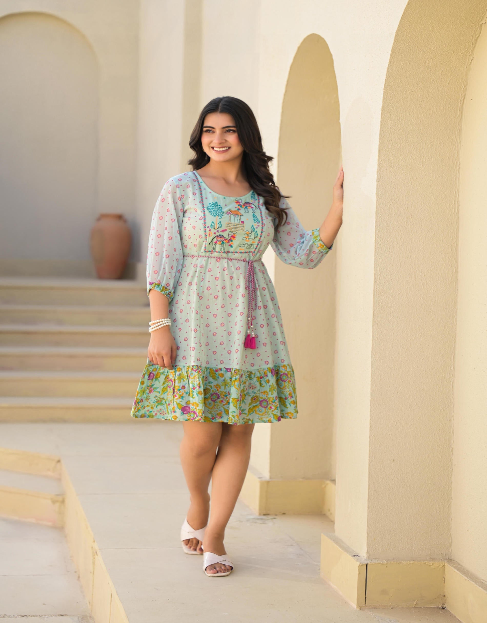 Juniper Mint Green Ethnic Motif Printed Short Dress With Dori - Distacart
