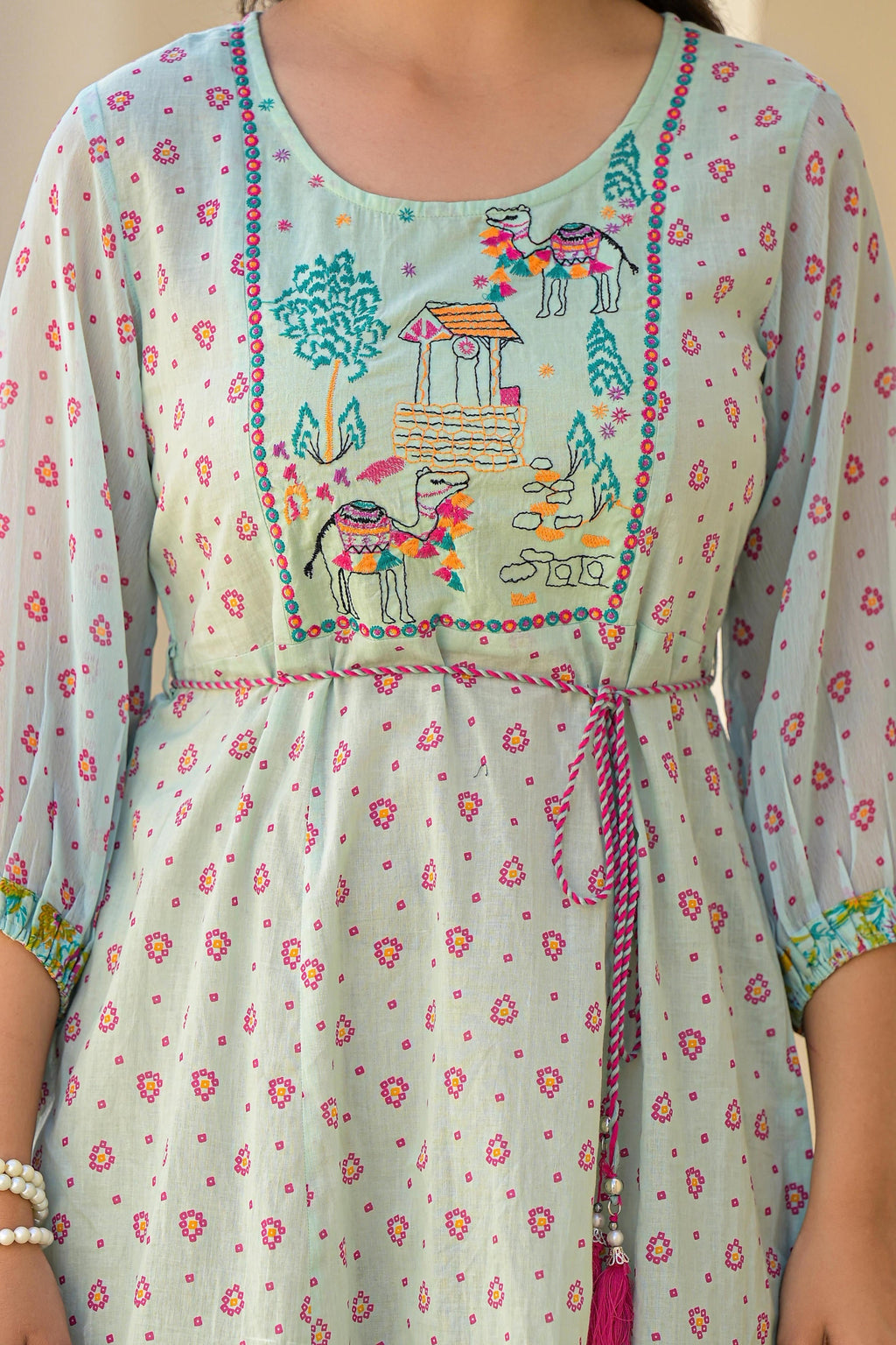 Juniper Mint Green Ethnic Motif Printed Short Dress With Dori - Distacart