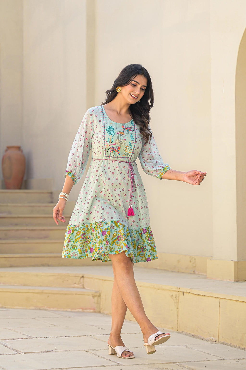 Juniper Mint Green Ethnic Motif Printed Short Dress With Dori - Distacart