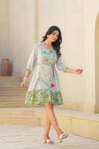 Juniper Mint Green Ethnic Motif Printed Short Dress With Dori - Distacart