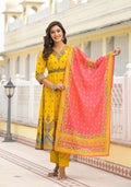 Juniper Mustard Ethnic Motif Printed Cotton A-Line Kurta Pant And Dupatta Set With Sequins - Distacart