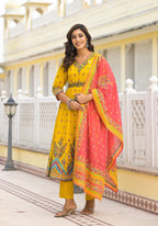 Juniper Mustard Ethnic Motif Printed Cotton A-Line Kurta Pant And Dupatta Set With Sequins - Distacart