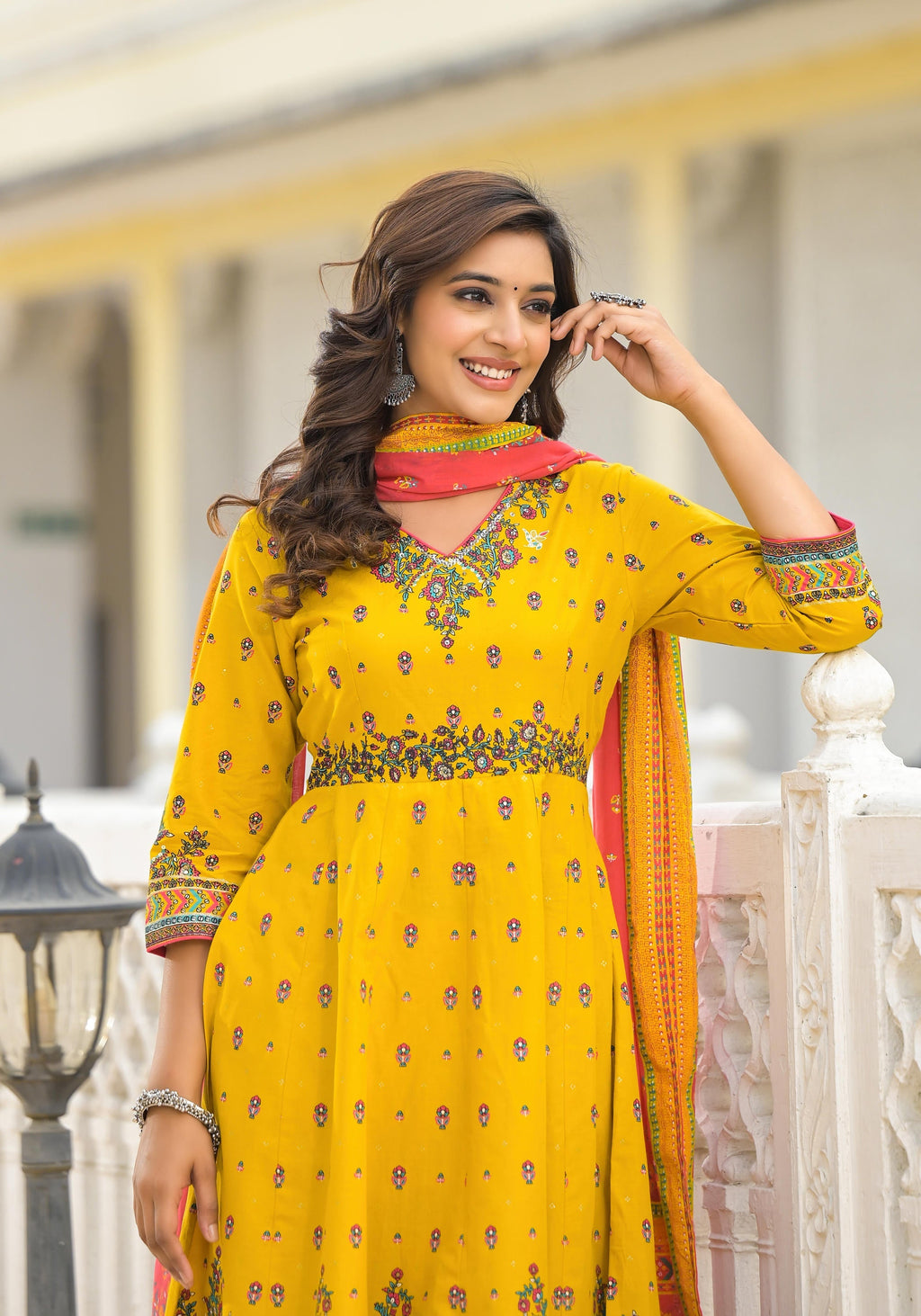 Juniper Mustard Ethnic Motif Printed Cotton A-Line Kurta Pant And Dupatta Set With Sequins - Distacart