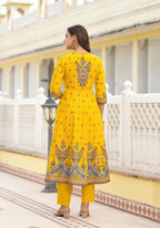 Juniper Mustard Ethnic Motif Printed Cotton A-Line Kurta Pant And Dupatta Set With Sequins - Distacart