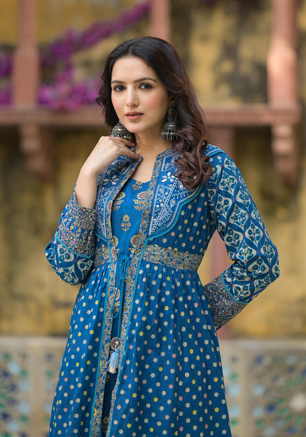 Juniper Indigo Floral Printed Cotton Long Dress & Shrug With Doris - Distacart