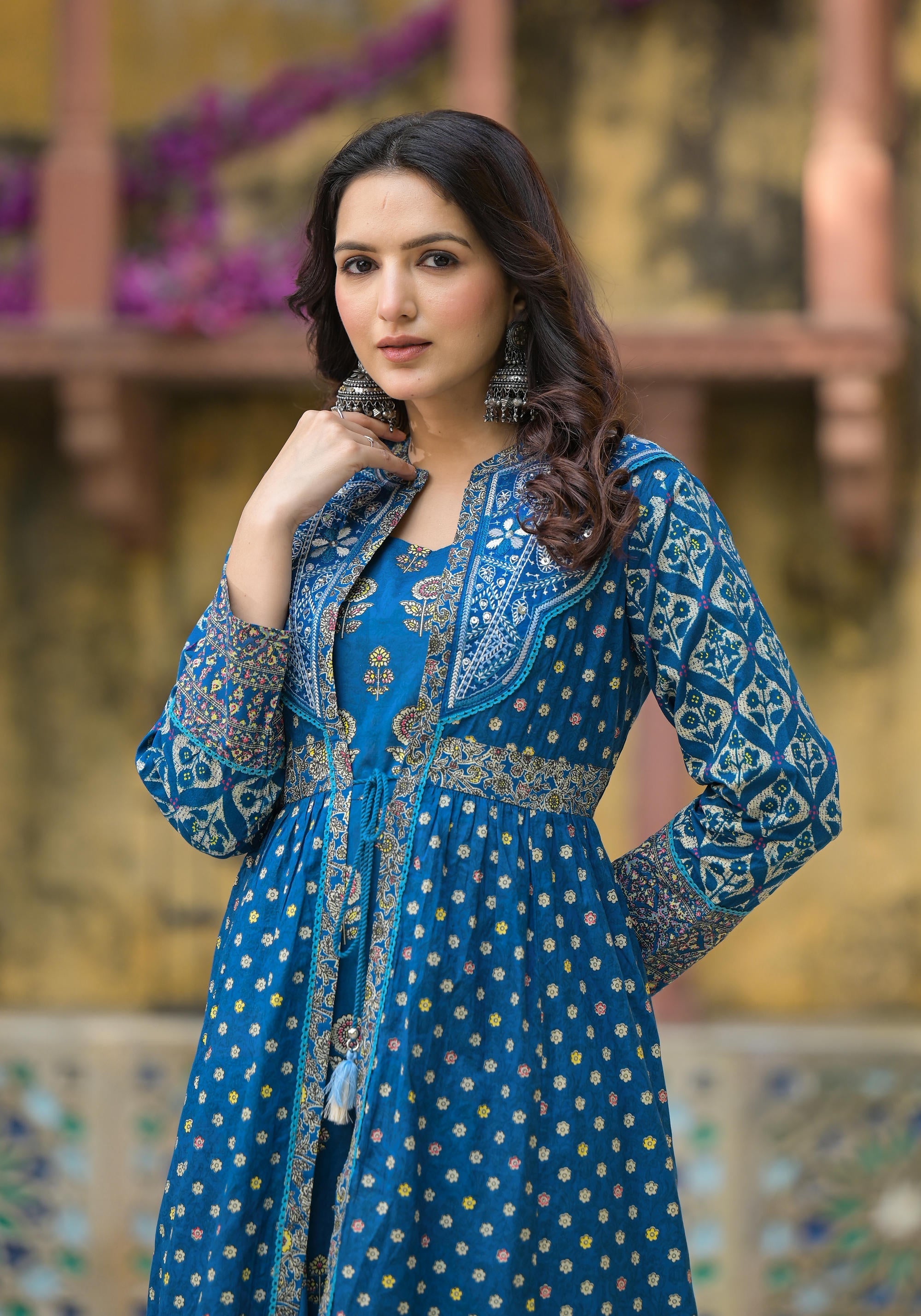 Juniper Indigo Floral Printed Cotton Long Dress & Shrug With Doris - Distacart