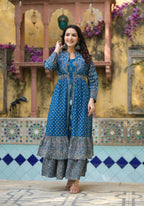 Juniper Indigo Floral Printed Cotton Long Dress & Shrug With Doris - Distacart