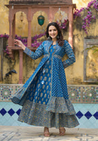 Juniper Indigo Floral Printed Cotton Long Dress & Shrug With Doris - Distacart