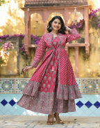 Juniper Maroon Floral Printed Cotton Long Dress With Shrug - Distacart