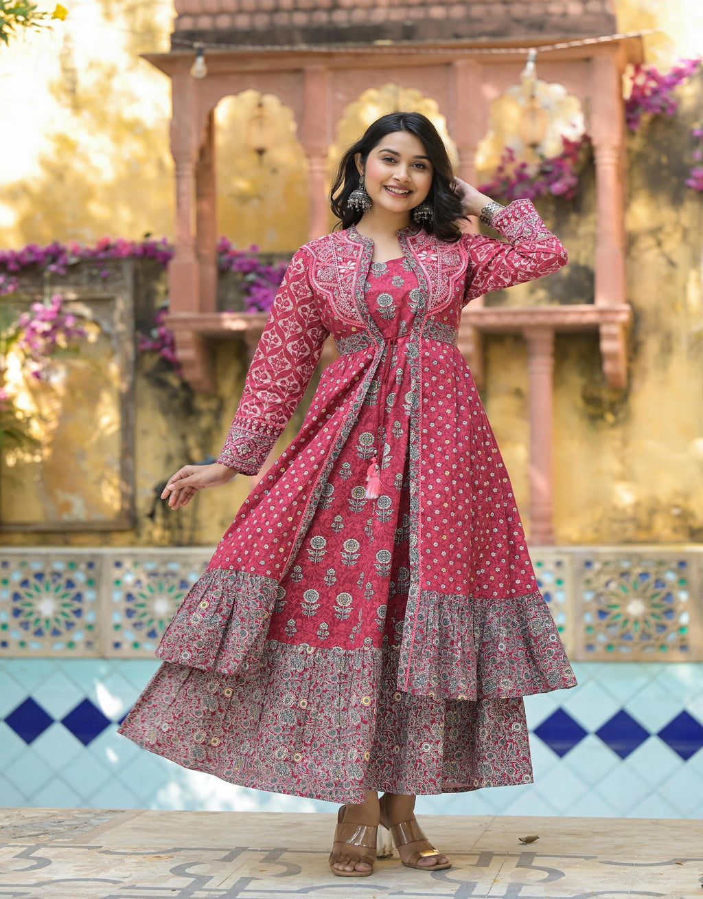 Juniper Maroon Floral Printed Cotton Long Dress With Shrug - Distacart