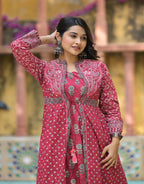 Juniper Maroon Floral Printed Cotton Long Dress With Shrug - Distacart