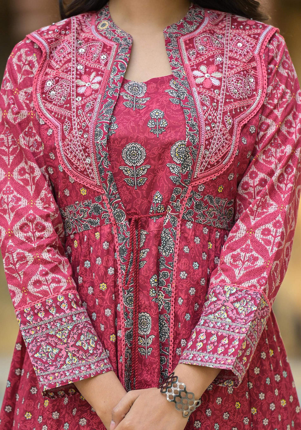 Juniper Maroon Floral Printed Cotton Long Dress With Shrug - Distacart