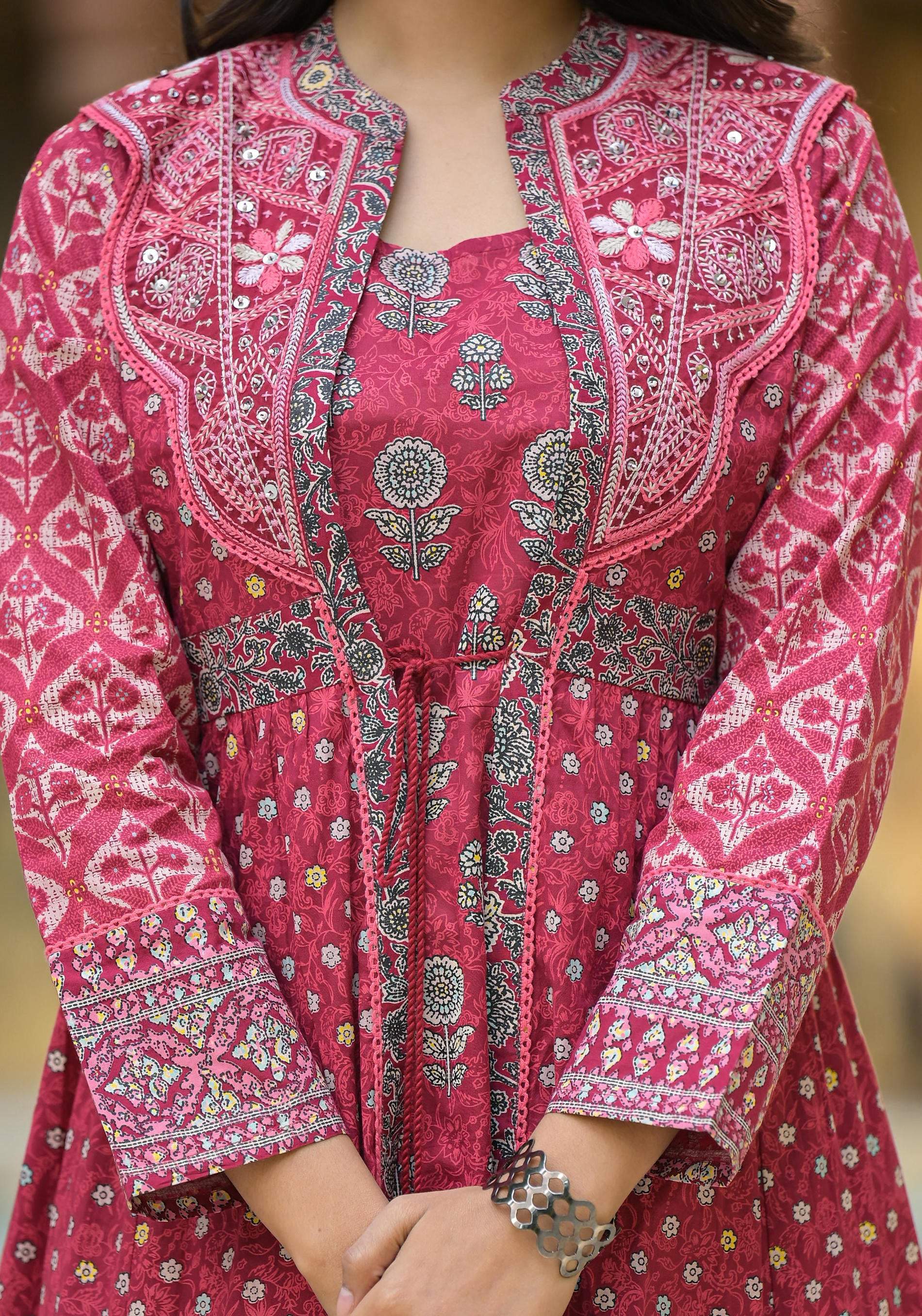 Juniper Maroon Floral Printed Cotton Long Dress With Shrug - Distacart