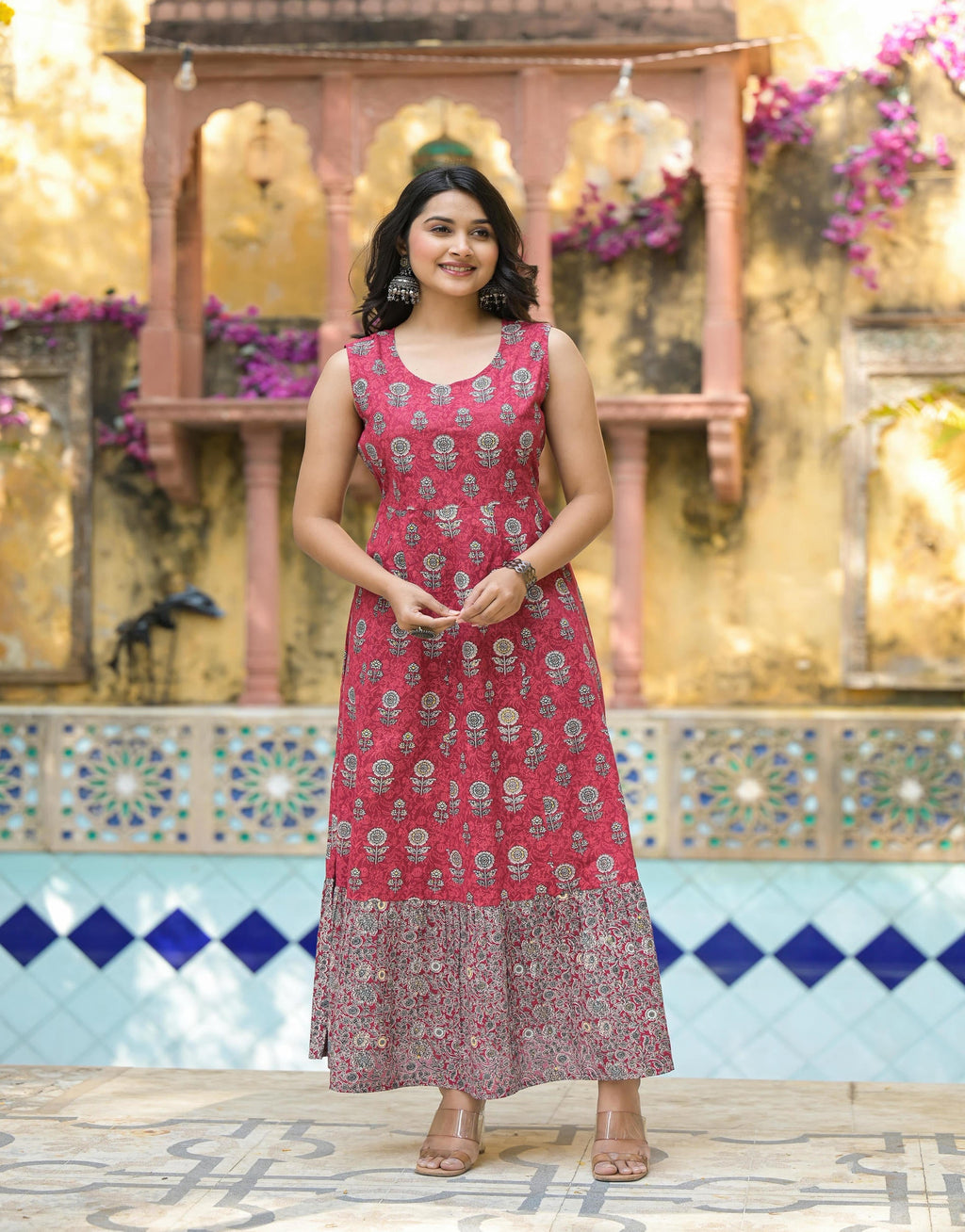 Juniper Maroon Floral Printed Cotton Long Dress With Shrug - Distacart