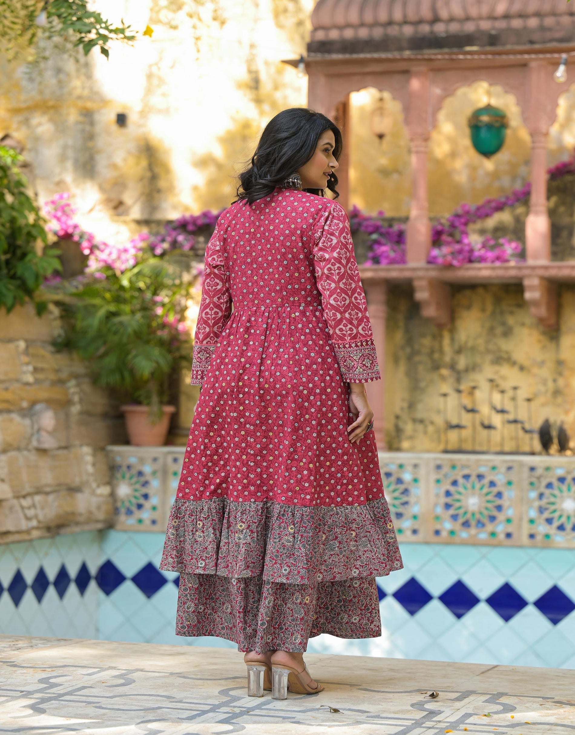 Juniper Maroon Floral Printed Cotton Long Dress With Shrug - Distacart