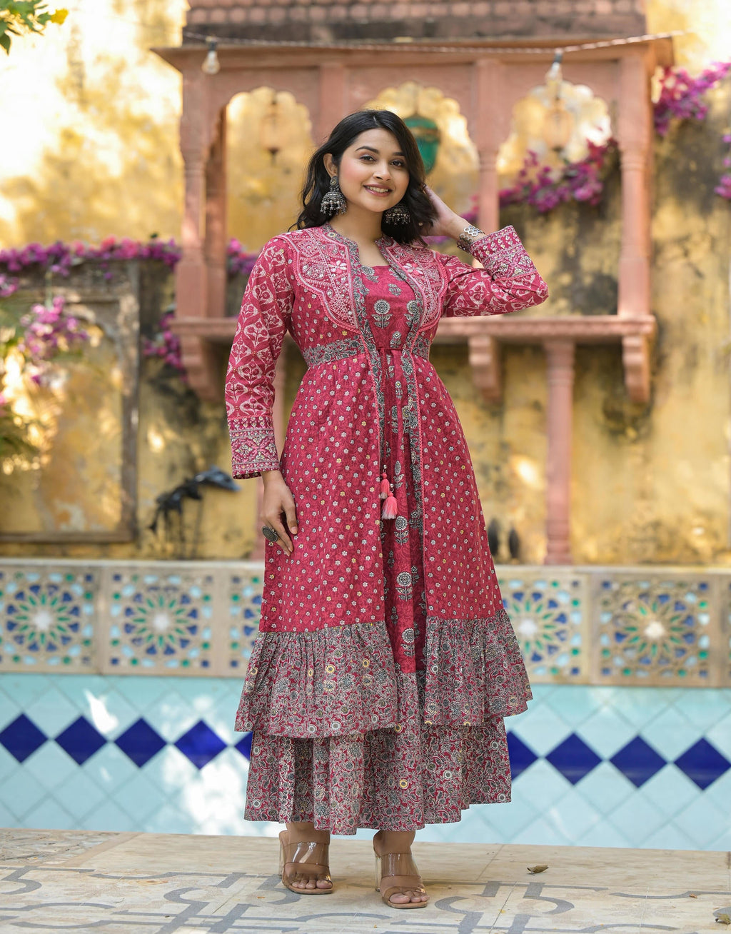 Juniper Maroon Floral Printed Cotton Long Dress With Shrug - Distacart
