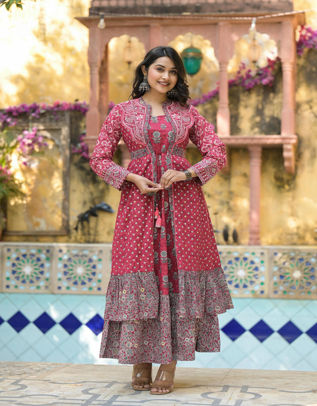 Juniper Maroon Floral Printed Cotton Long Dress With Shrug - Distacart