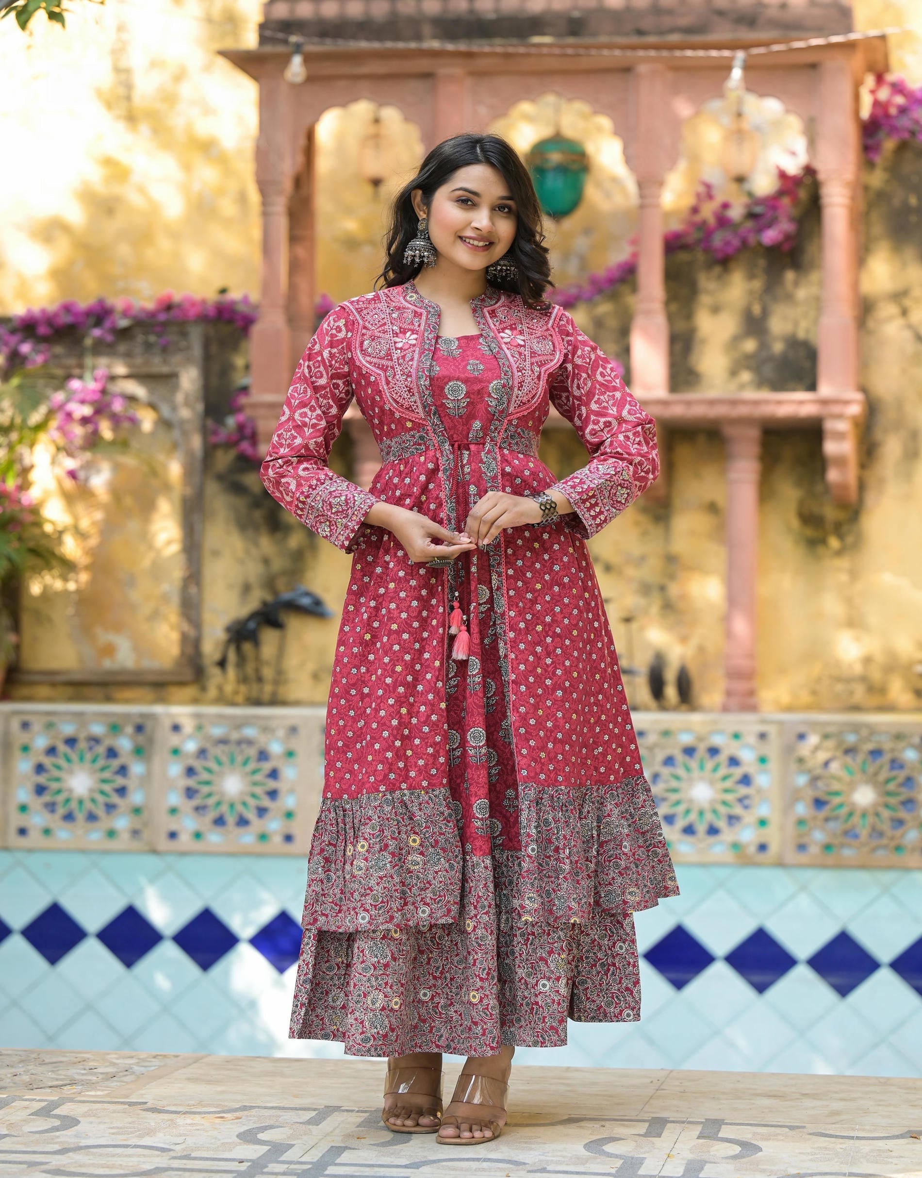 Juniper Maroon Floral Printed Cotton Long Dress With Shrug - Distacart