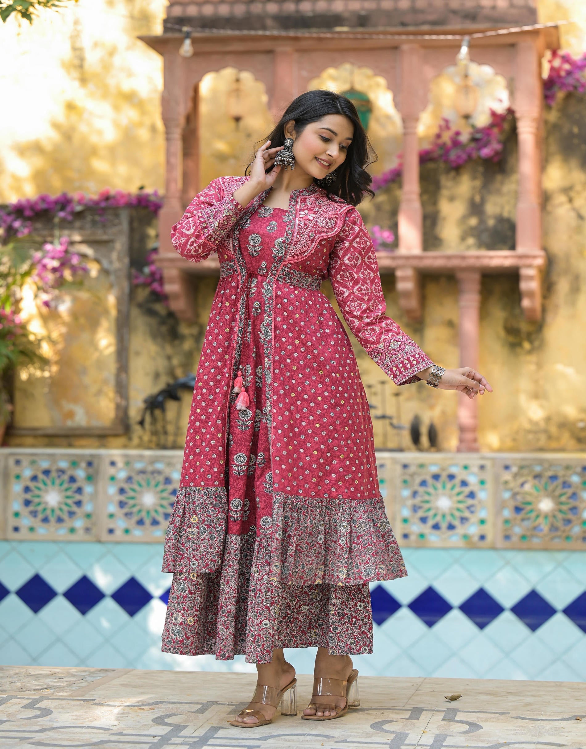 Juniper Maroon Floral Printed Cotton Long Dress With Shrug - Distacart